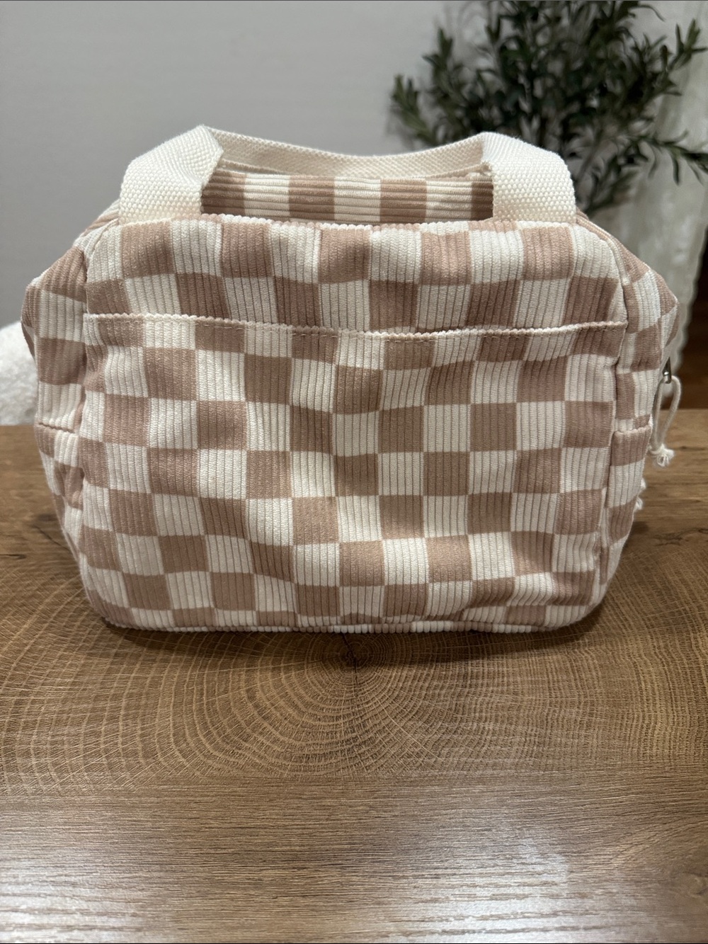 Checked Mini Tote Bag in Cream & Tan